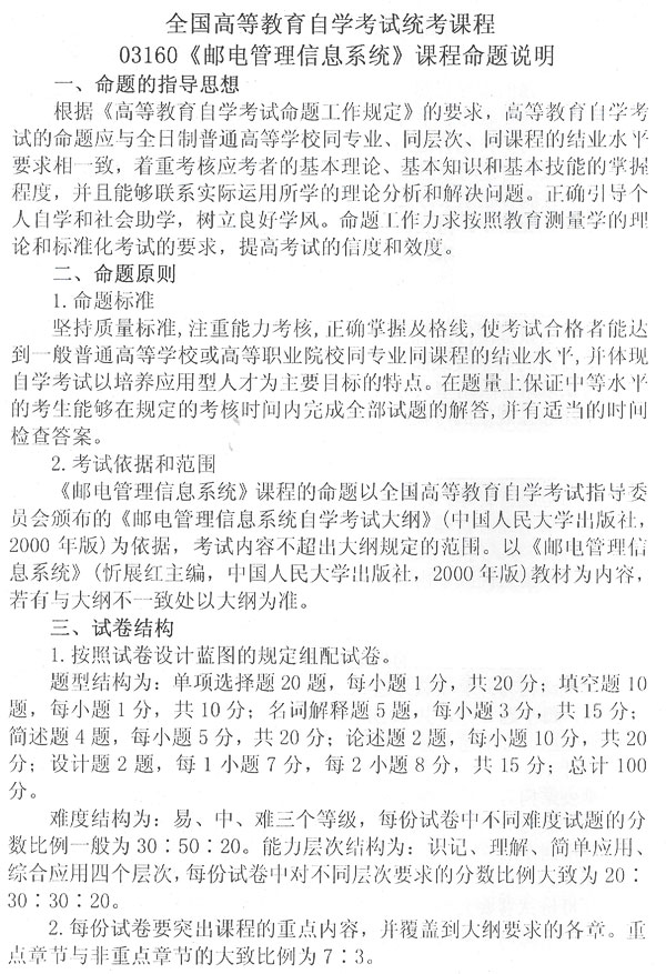 全国09年调整邮电管理信息系统试卷结构通知1